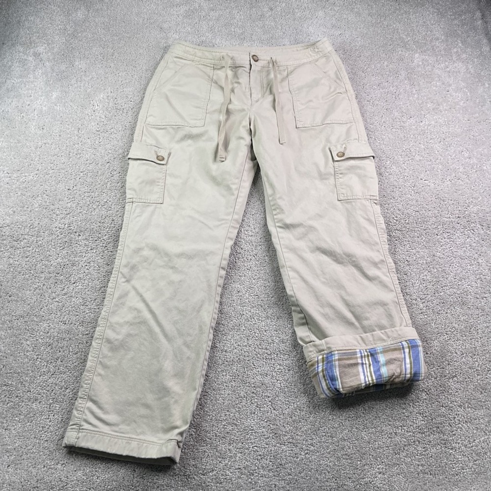 LL Bean Pants Women 10 Petite Tan Flannel Lined Cargo Favorite Fit Outdoors